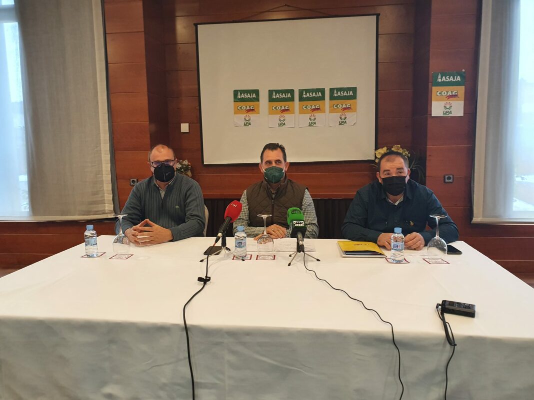 De izda a dcha, Carlos Sánchez (UPA), Juan Luis Delgado (ASAJA) y José Manuel Cortés (COAG), en la rueda de prensa del 14 de marzo de 2022.,